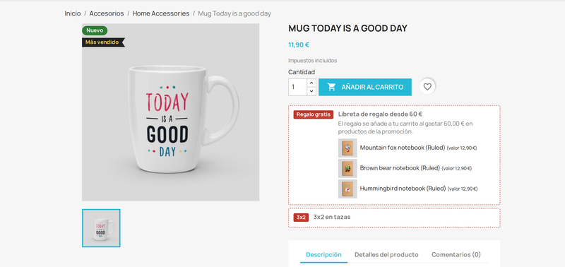 Insignia 3x2 y texto de la promoción en la ficha de producto de PrestaShop
