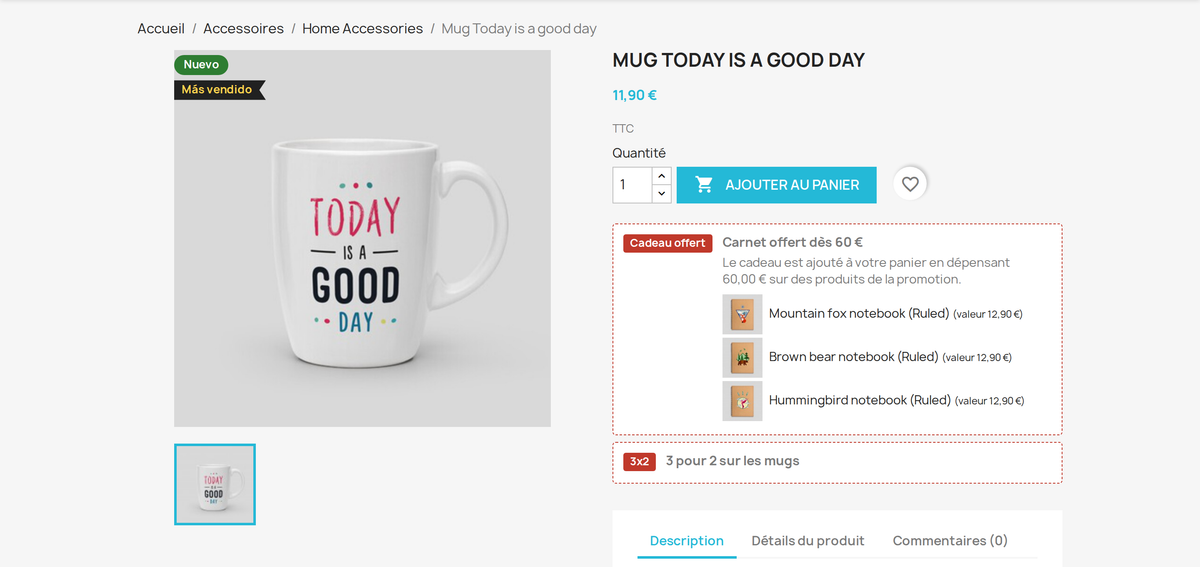 Badge 3 pour 2 et texte de la promotion sur la fiche produit PrestaShop