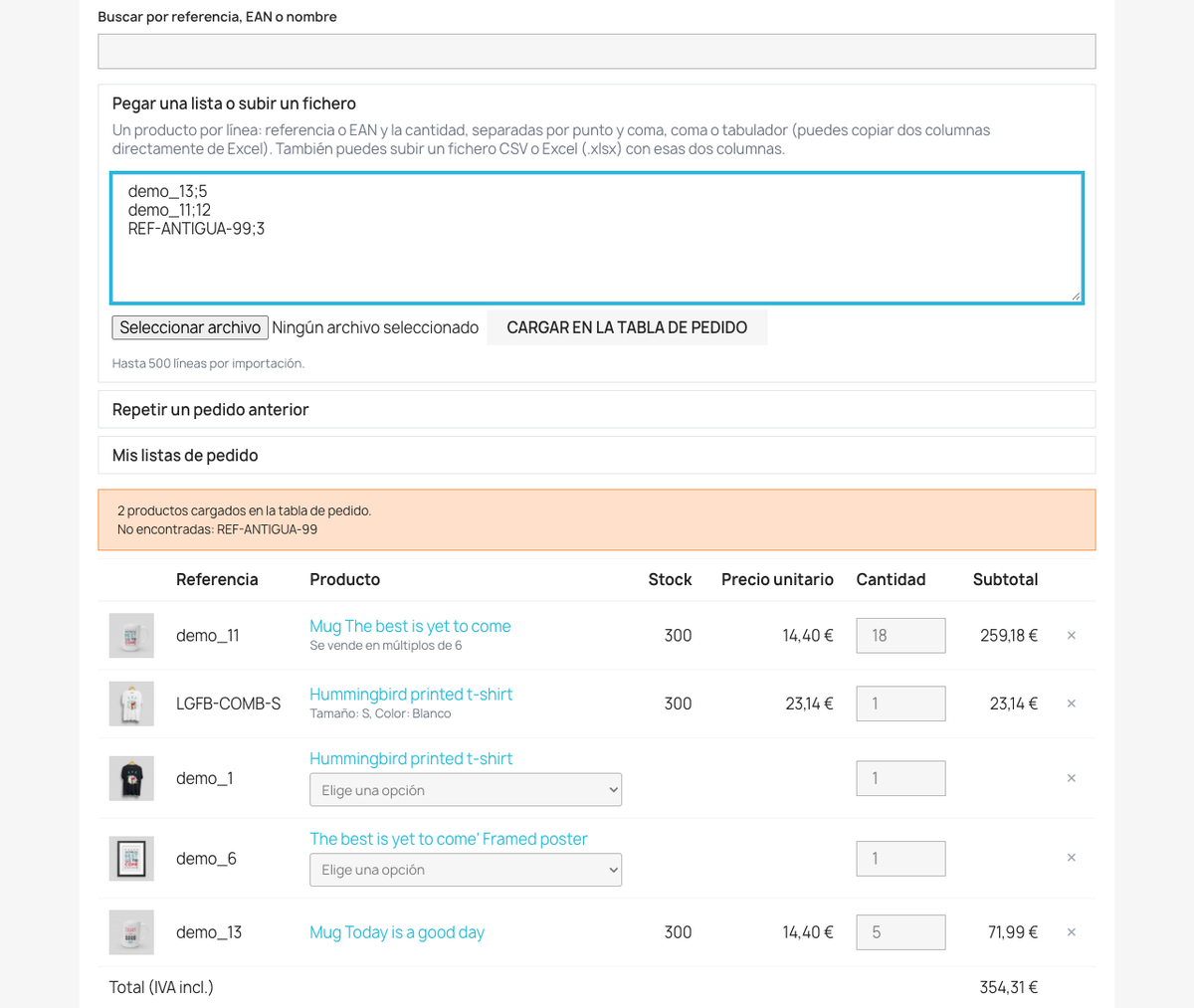 Pegar una lista o subir un CSV o Excel, con aviso de referencias no encontradas