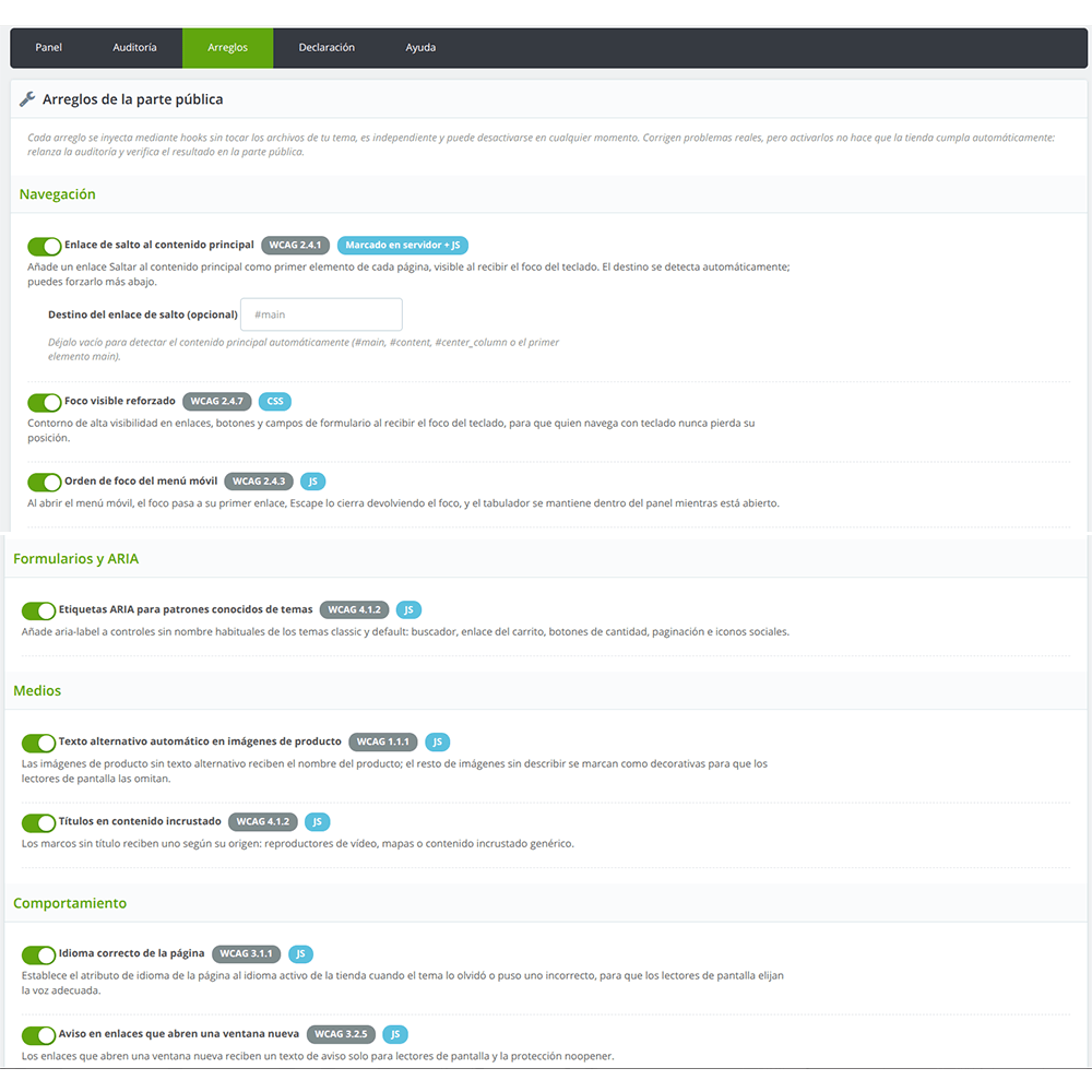 Accesibilidad EAA/WCAG para PrestaShop