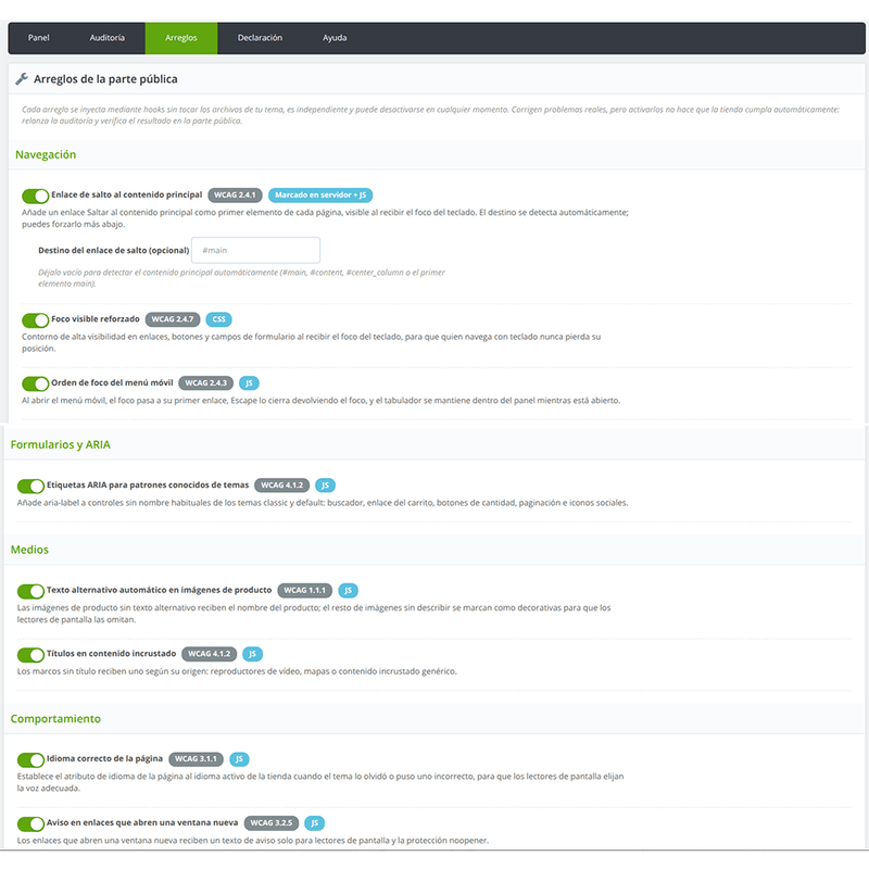 Accesibilidad EAA/WCAG para PrestaShop