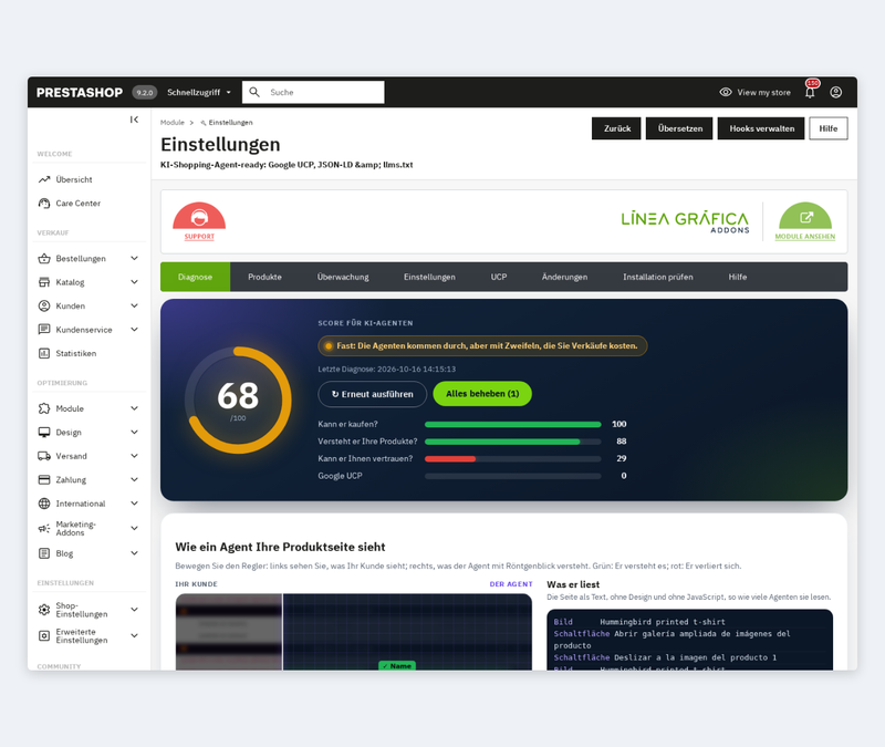 Audit der KI-Agenten-Bereitschaft mit Punktzahl und Ampel im PrestaShop-Backoffice