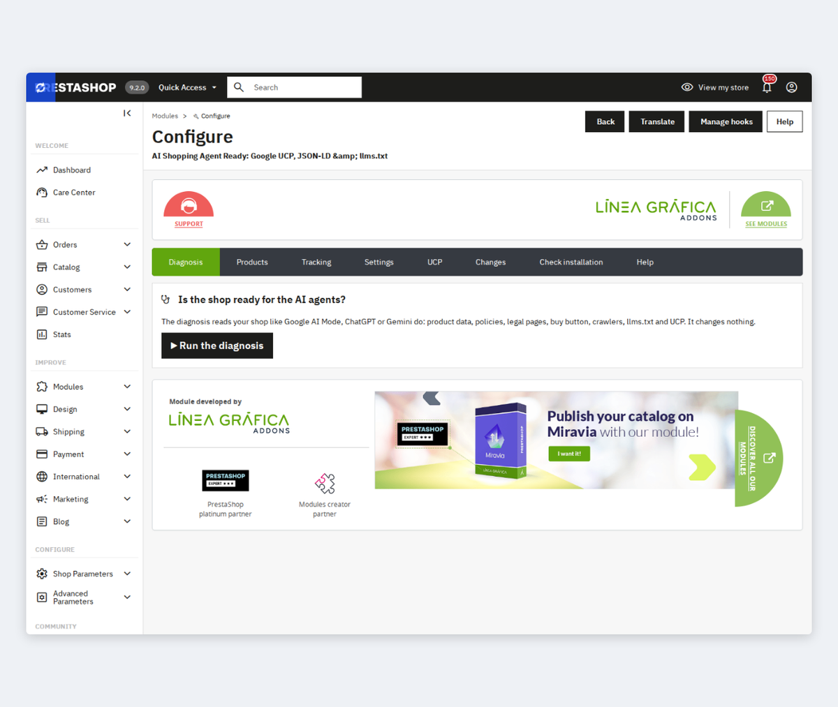 AI agent readiness audit with score and traffic light in the PrestaShop back office