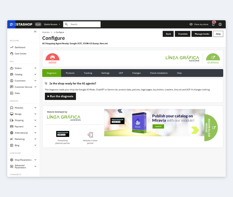 AI agent readiness audit with score and traffic light in the PrestaShop back office