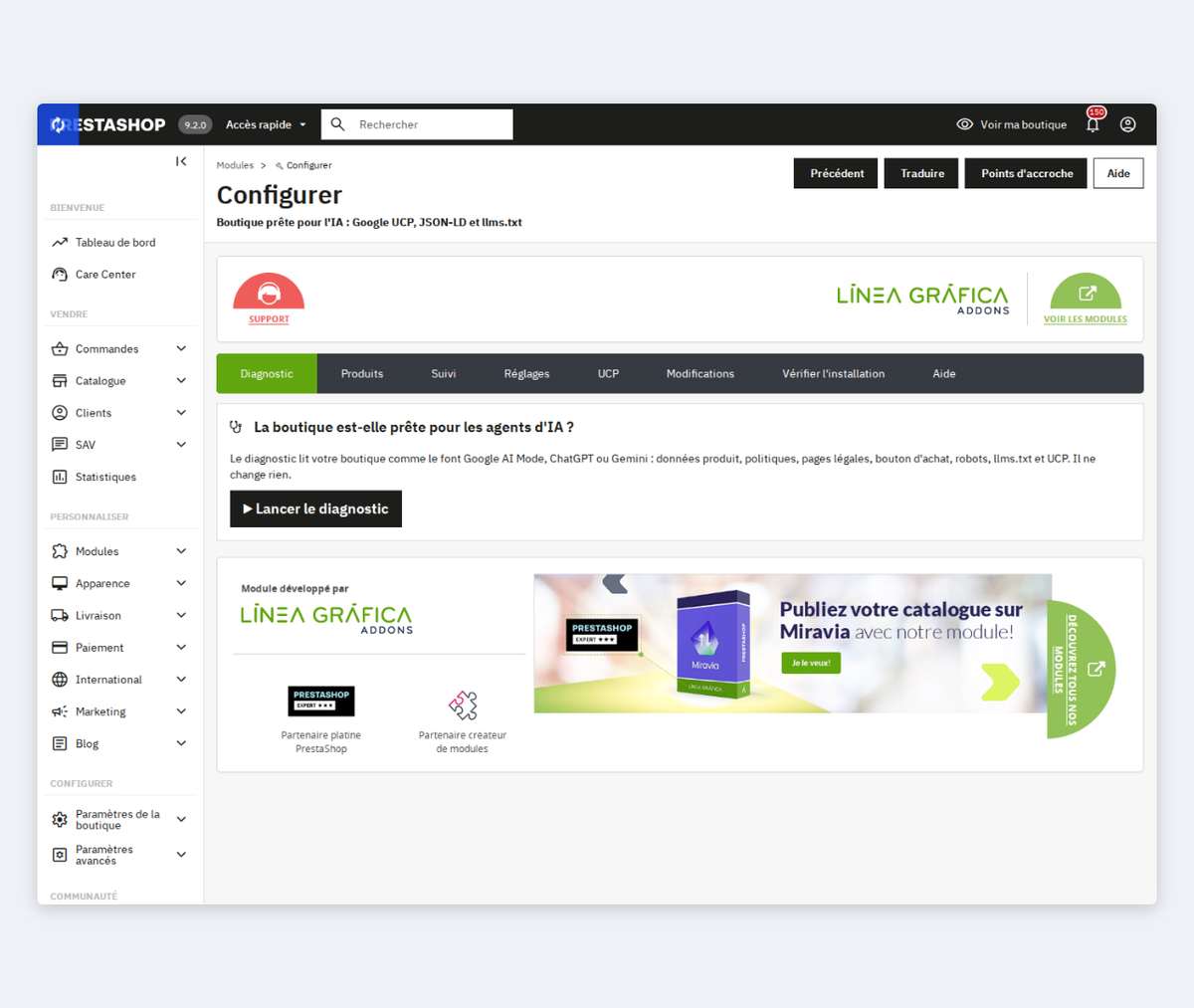 Audit de la boutique pour les agents IA avec note et feu tricolore dans le back-office PrestaShop