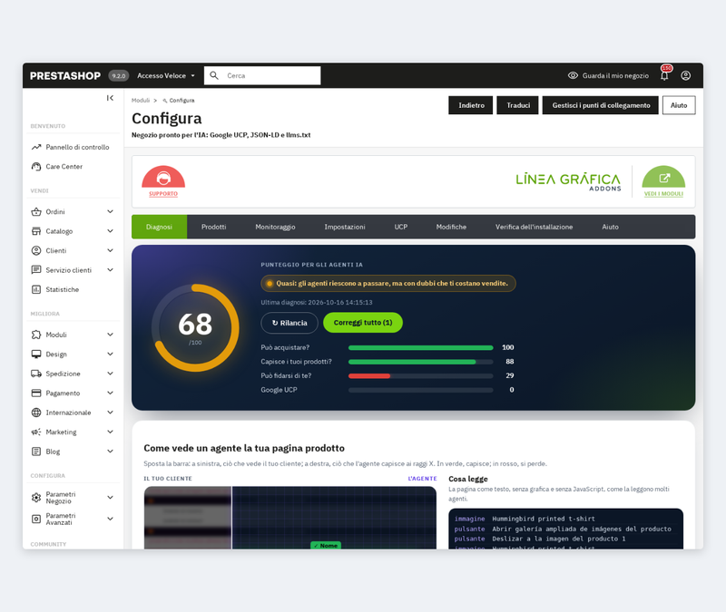Diagnosi del negozio per gli agenti IA con punteggio e semaforo nel back office di PrestaShop