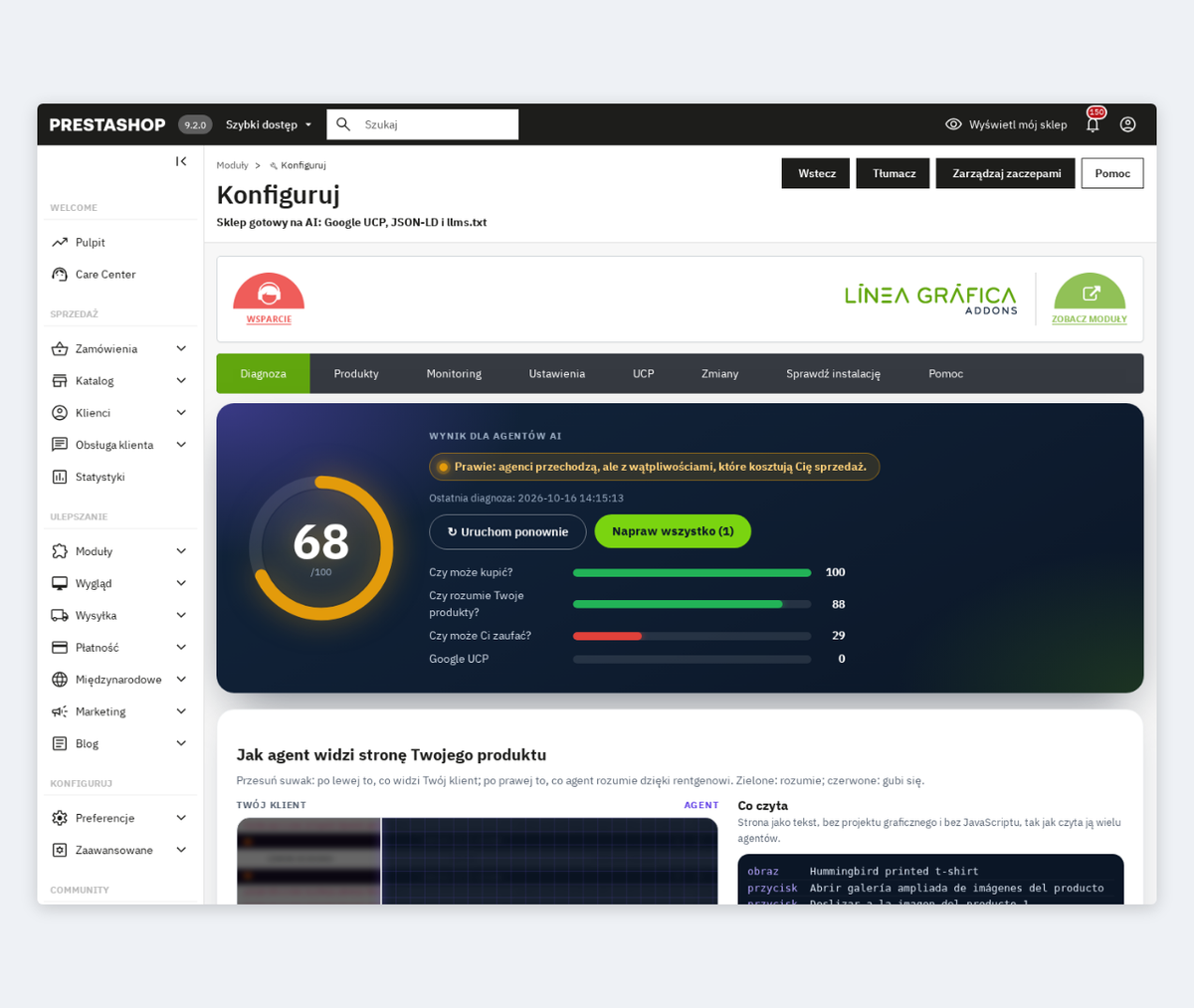 Diagnoza gotowości sklepu na agentów AI z oceną i sygnalizacją w panelu PrestaShop