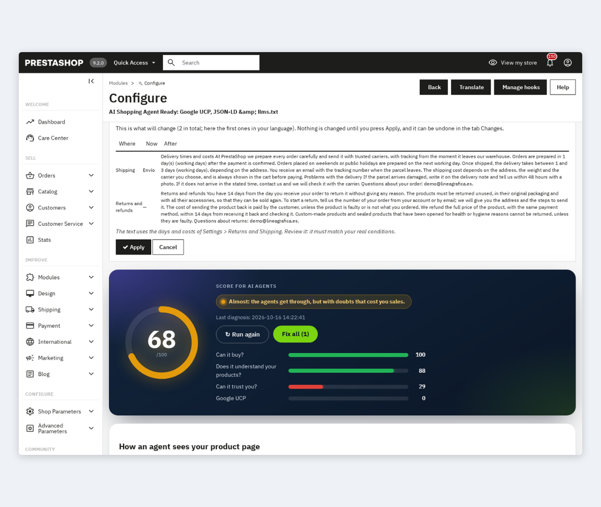 Fix with before and after preview: shipping and returns pages for ChatGPT and Google AI Mode