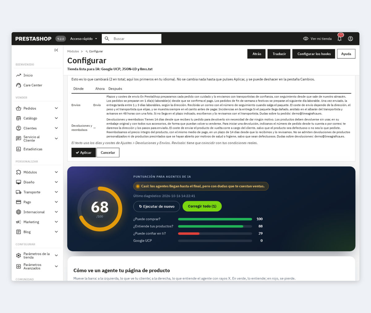 Arreglo con vista previa del antes y después: páginas de envíos y devoluciones para ChatGPT y Google AI Mode