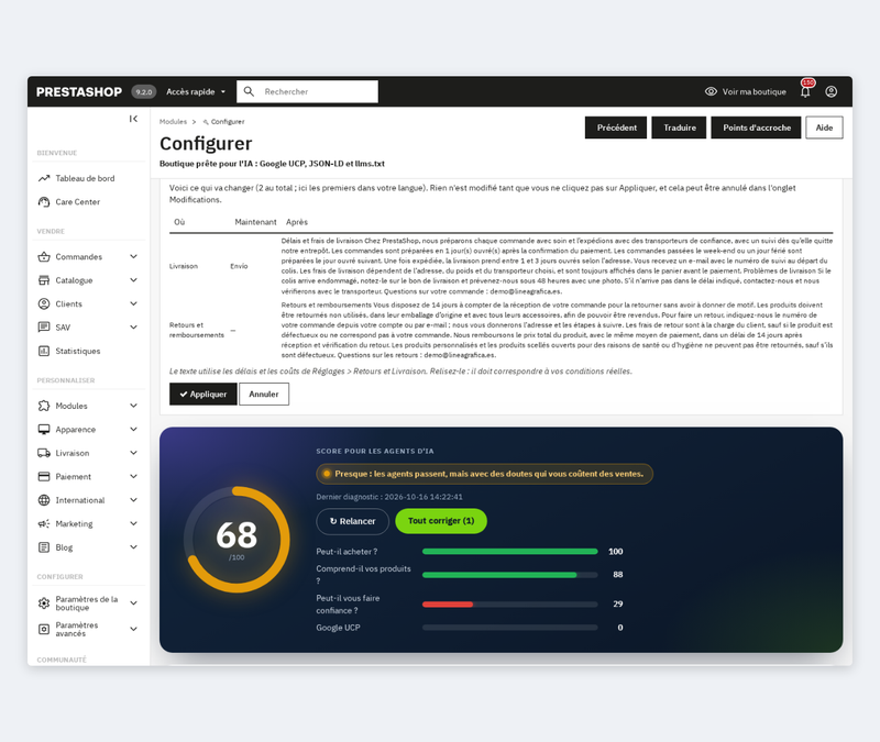 Correction avec aperçu avant/après : pages de livraison et de retours pour ChatGPT et Google AI Mode