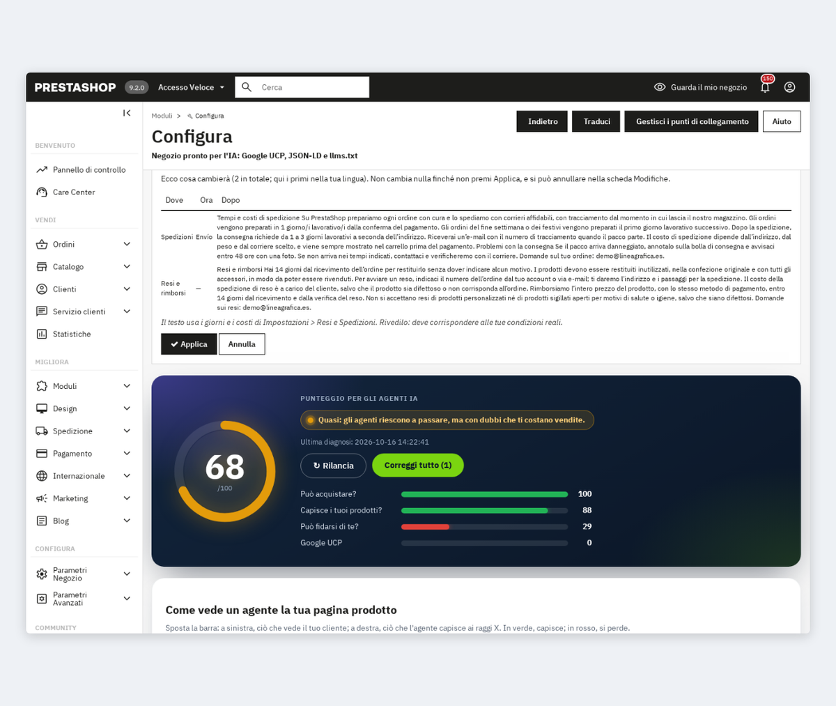 Correzione con anteprima prima e dopo: pagine di spedizione e resi per ChatGPT e Google AI Mode