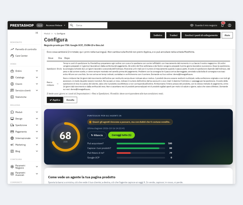 Correzione con anteprima prima e dopo: pagine di spedizione e resi per ChatGPT e Google AI Mode