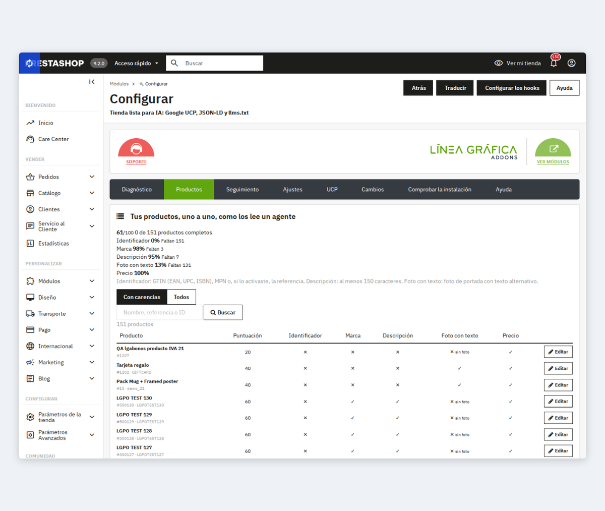 Auditoría de datos estructurados JSON-LD producto a producto en PrestaShop