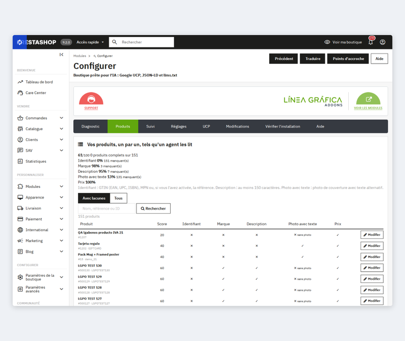 Audit des données structurées JSON-LD produit par produit dans PrestaShop