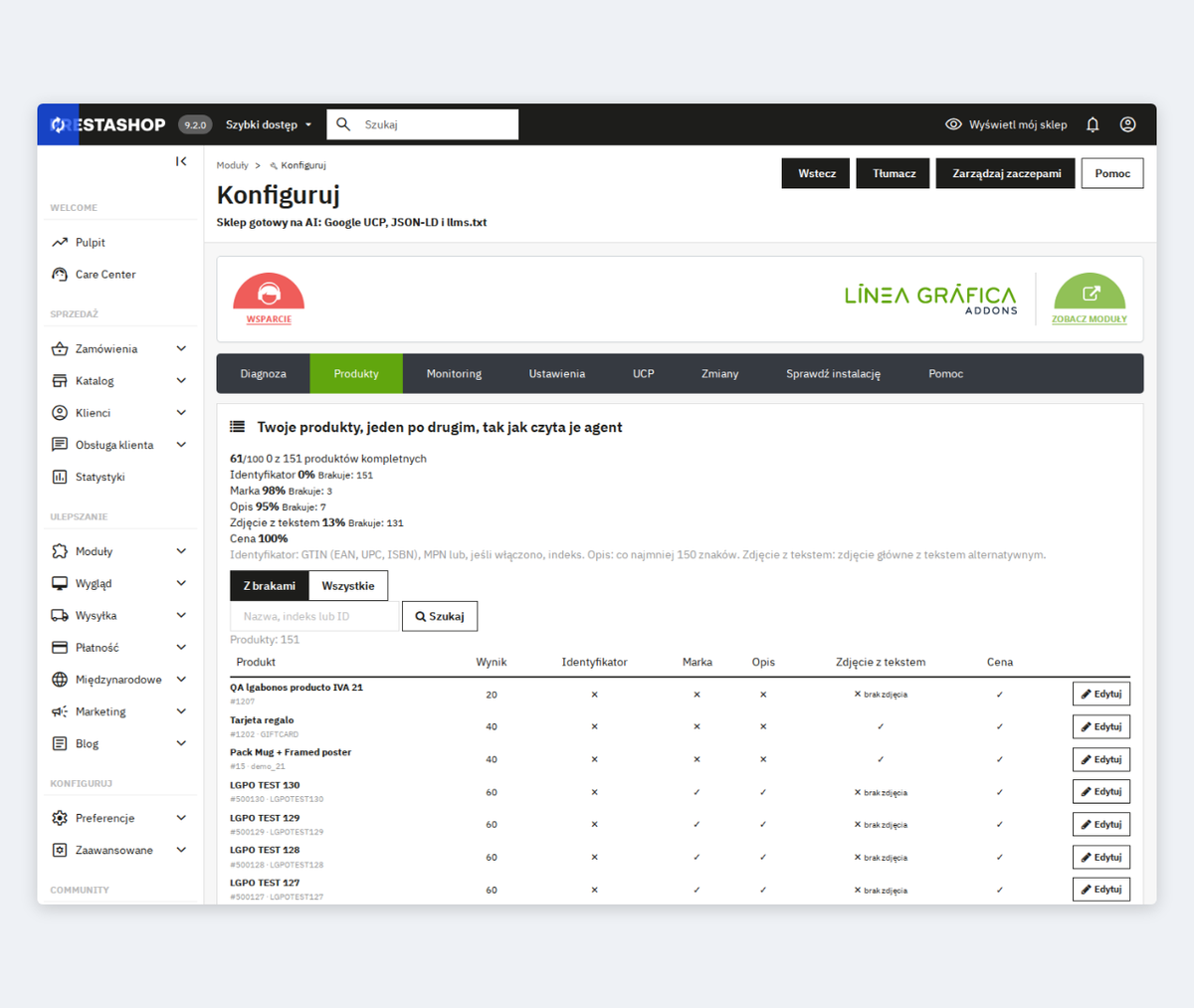 Audyt danych strukturalnych JSON-LD produkt po produkcie w PrestaShop