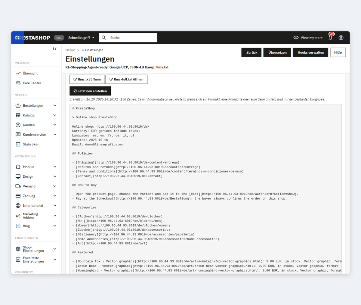 llms.txt- und llms-full.txt-Bereich mit Vorschau und Neuerstellung in PrestaShop