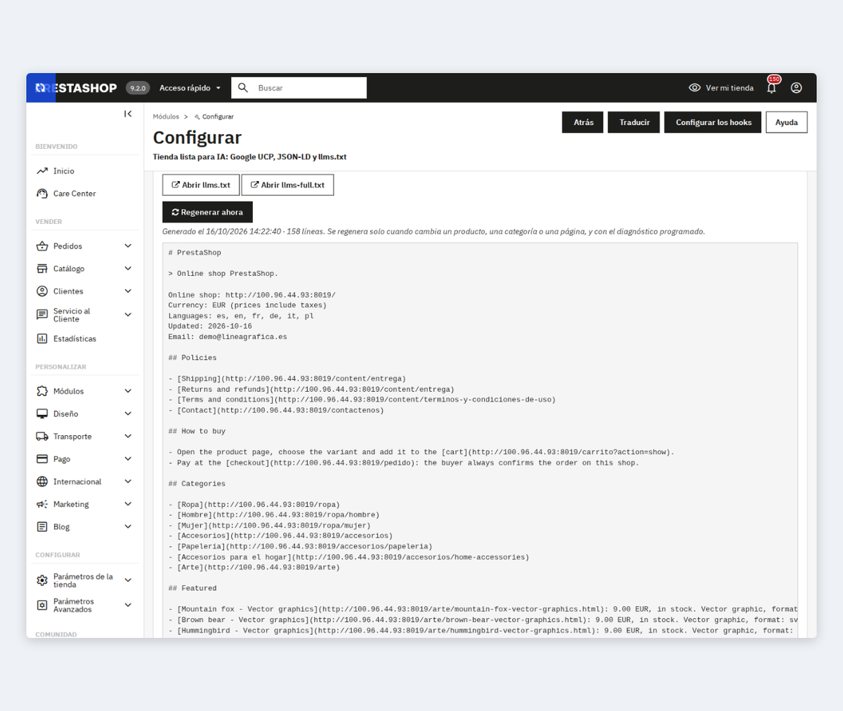 Panel de llms.txt y llms-full.txt con vista previa y regenerar en PrestaShop