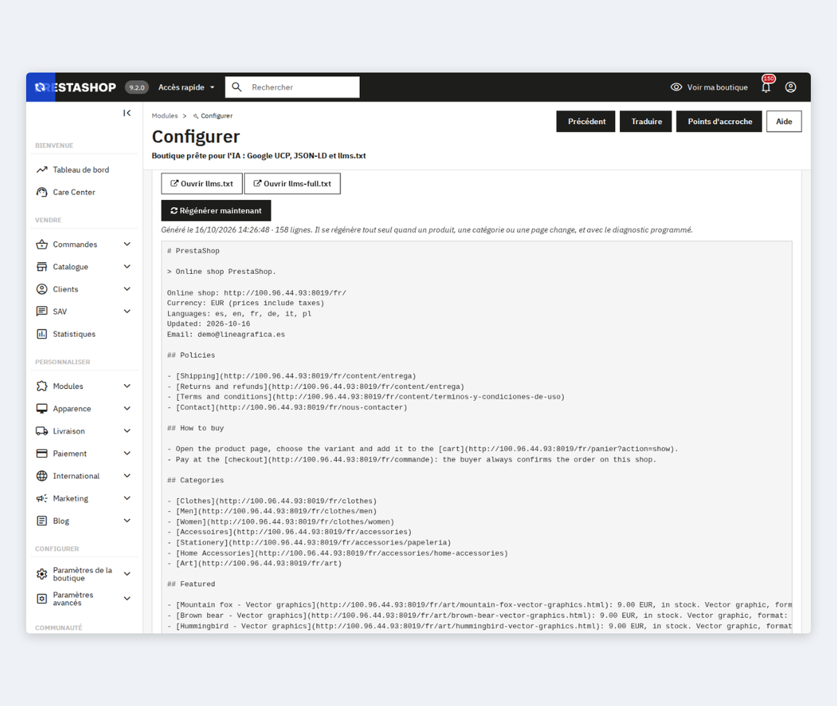 Panneau llms.txt et llms-full.txt avec aperçu et régénération dans PrestaShop