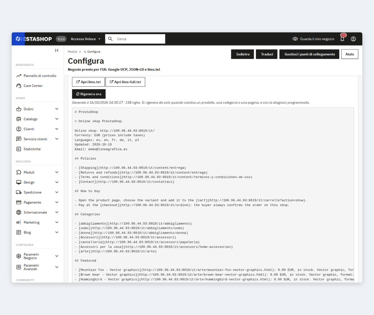 Pannello di llms.txt e llms-full.txt con anteprima e rigenerazione in PrestaShop