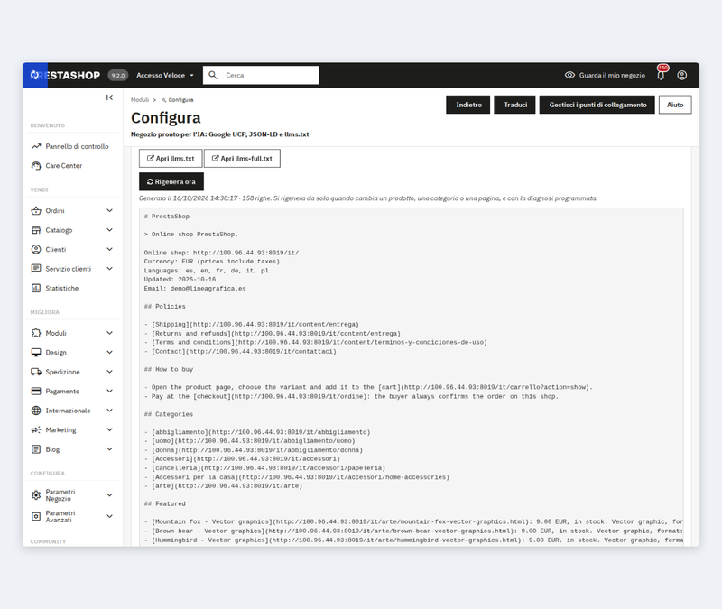 Pannello di llms.txt e llms-full.txt con anteprima e rigenerazione in PrestaShop