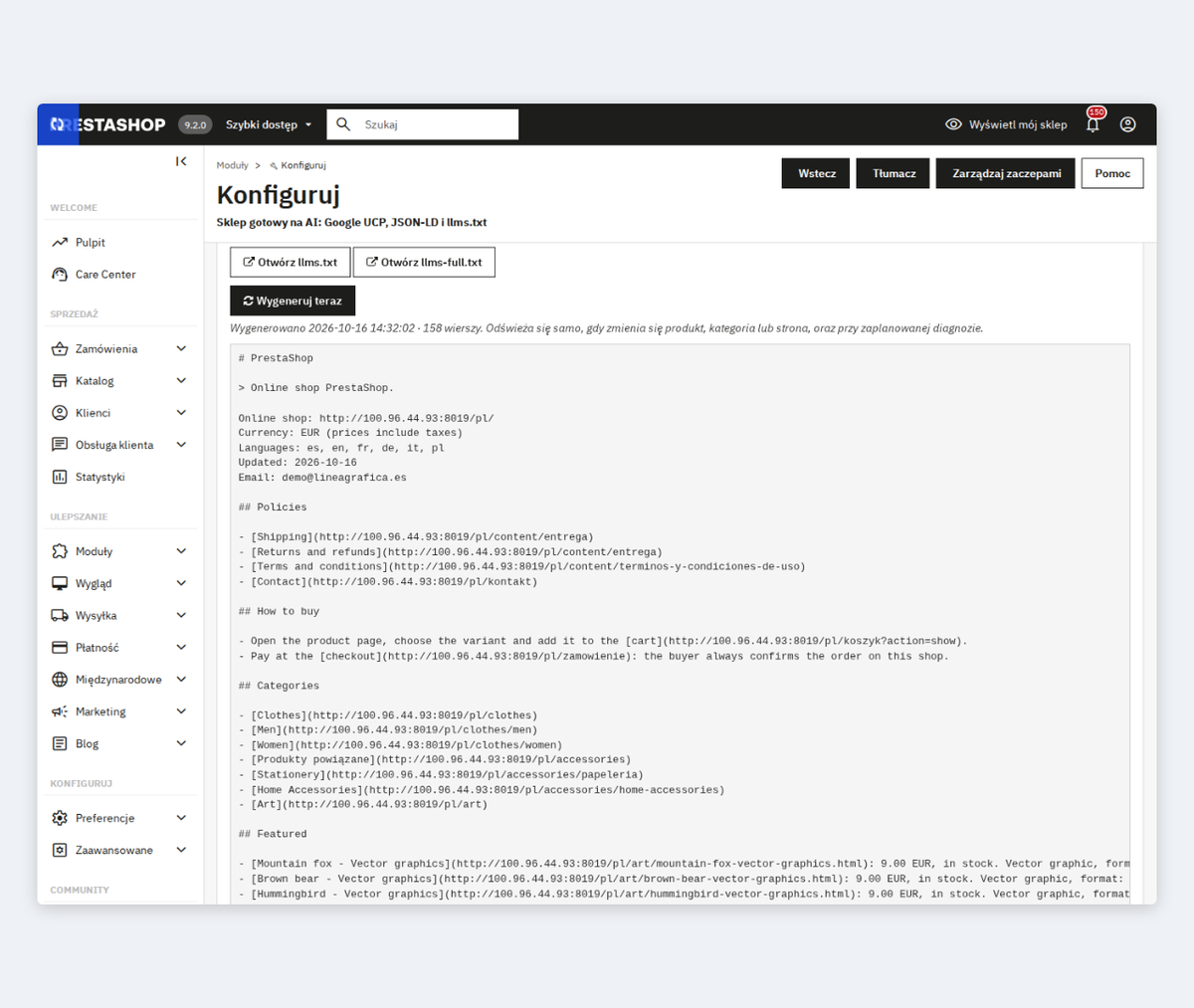 Panel llms.txt i llms-full.txt z podglądem i ponownym generowaniem w PrestaShop