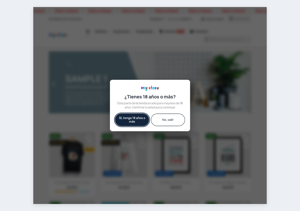 Ventana de verificación de edad con botones Sí y No sobre una tienda PrestaShop difuminada