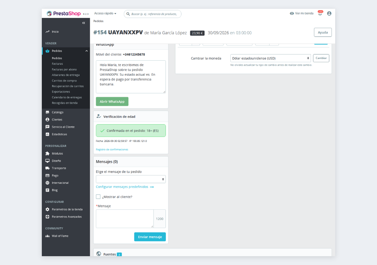 Verificación de edad confirmada en la ficha del pedido del back office