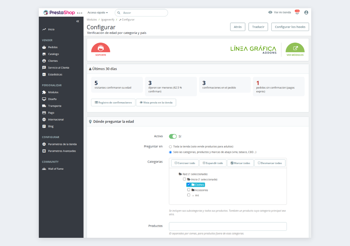 Configuración de la verificación de edad por categorías, productos y marcas