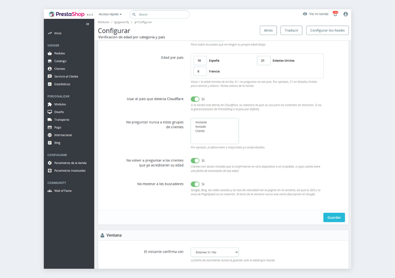 Edad legal por país en la configuración del módulo