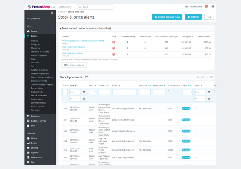 List of back in stock and price drop alerts in the PrestaShop back office