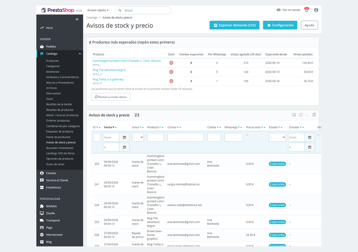 Listado de avisos de vuelta de stock y bajada de precio en el back office de PrestaShop