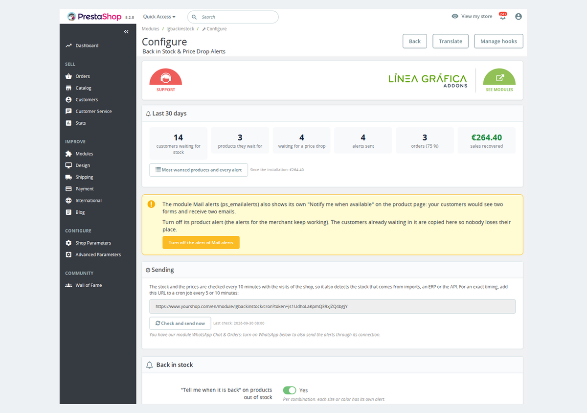 Tableau du module avec les ventes récupérées, les alertes envoyées et la vérification du stock