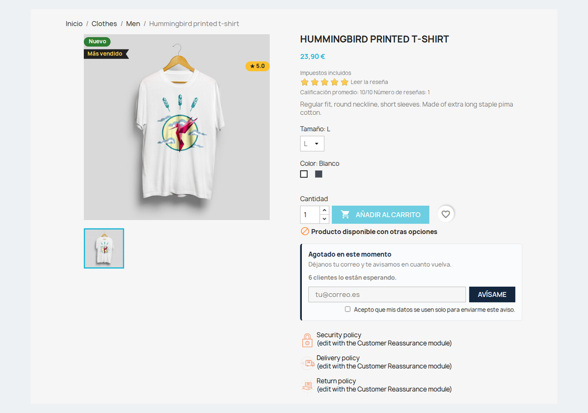 Formulario Avísame cuando vuelva en la ficha de un producto agotado de PrestaShop