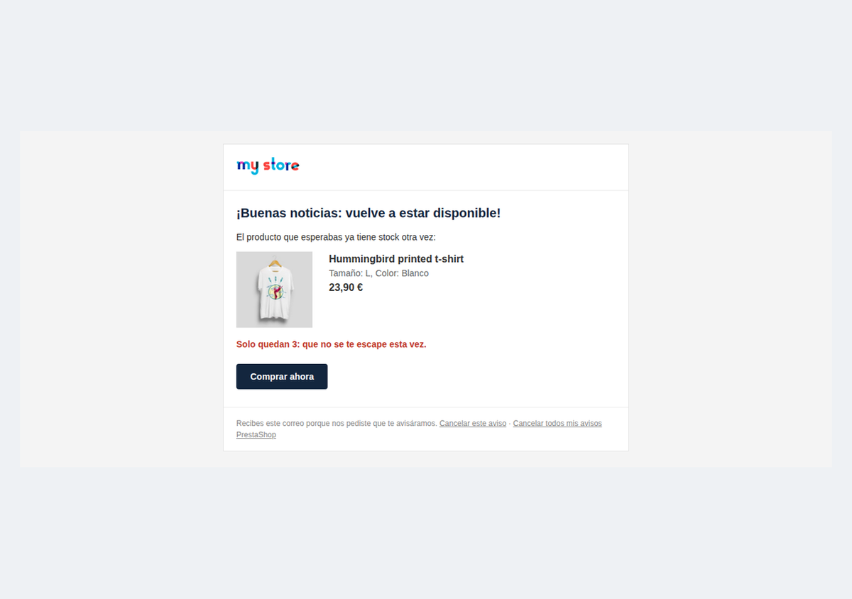Correo de aviso de vuelta de stock con botón de compra y unidades limitadas