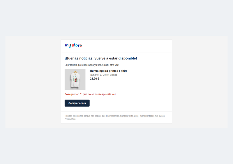 Correo de aviso de vuelta de stock con botón de compra y unidades limitadas