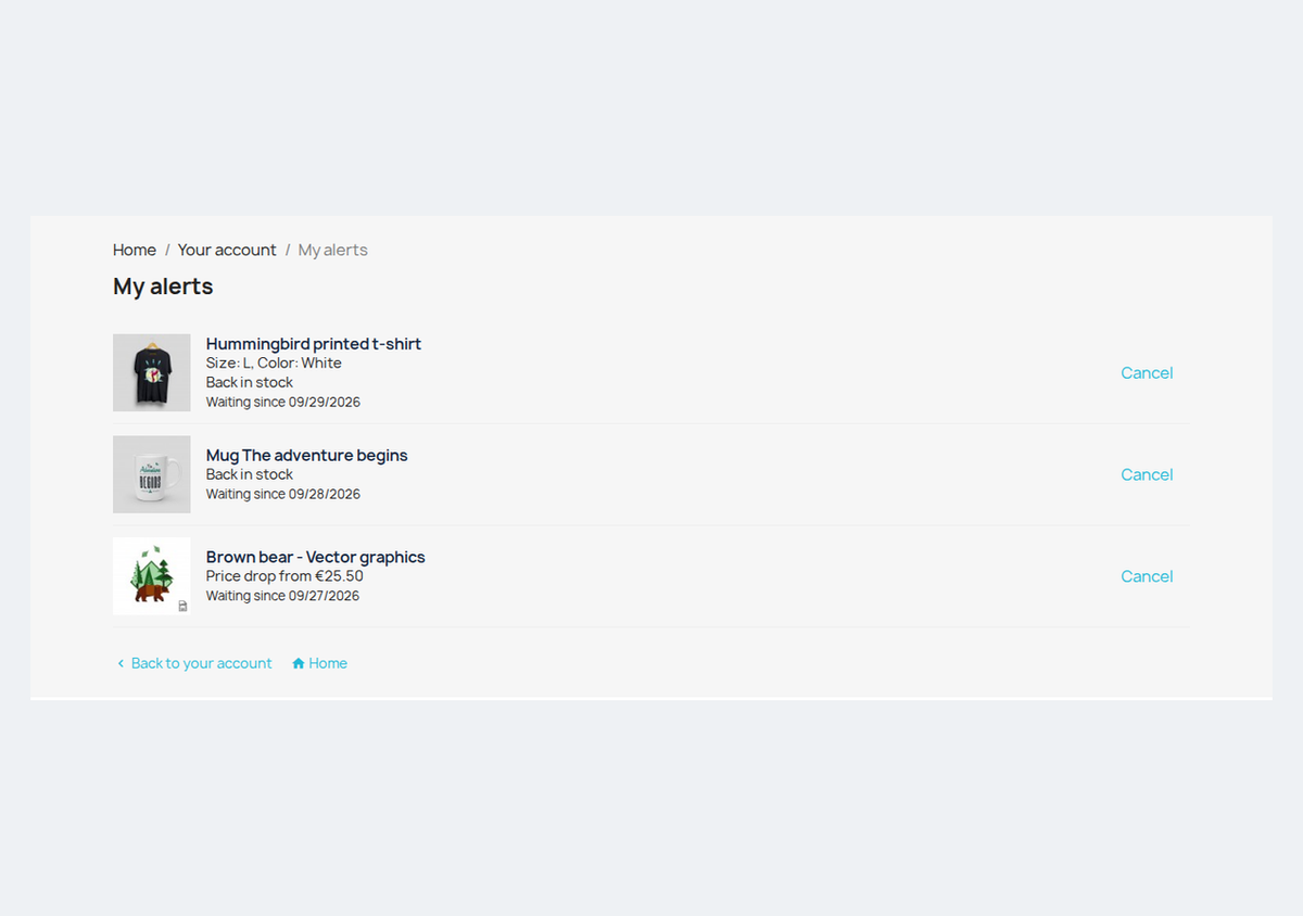 Mes alertes dans le compte client PrestaShop
