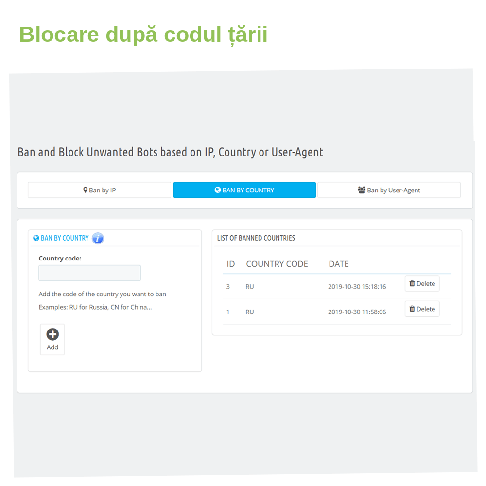 Modul PrestaShop pentru blocarea boților după IP, interval, țară sau user-agent