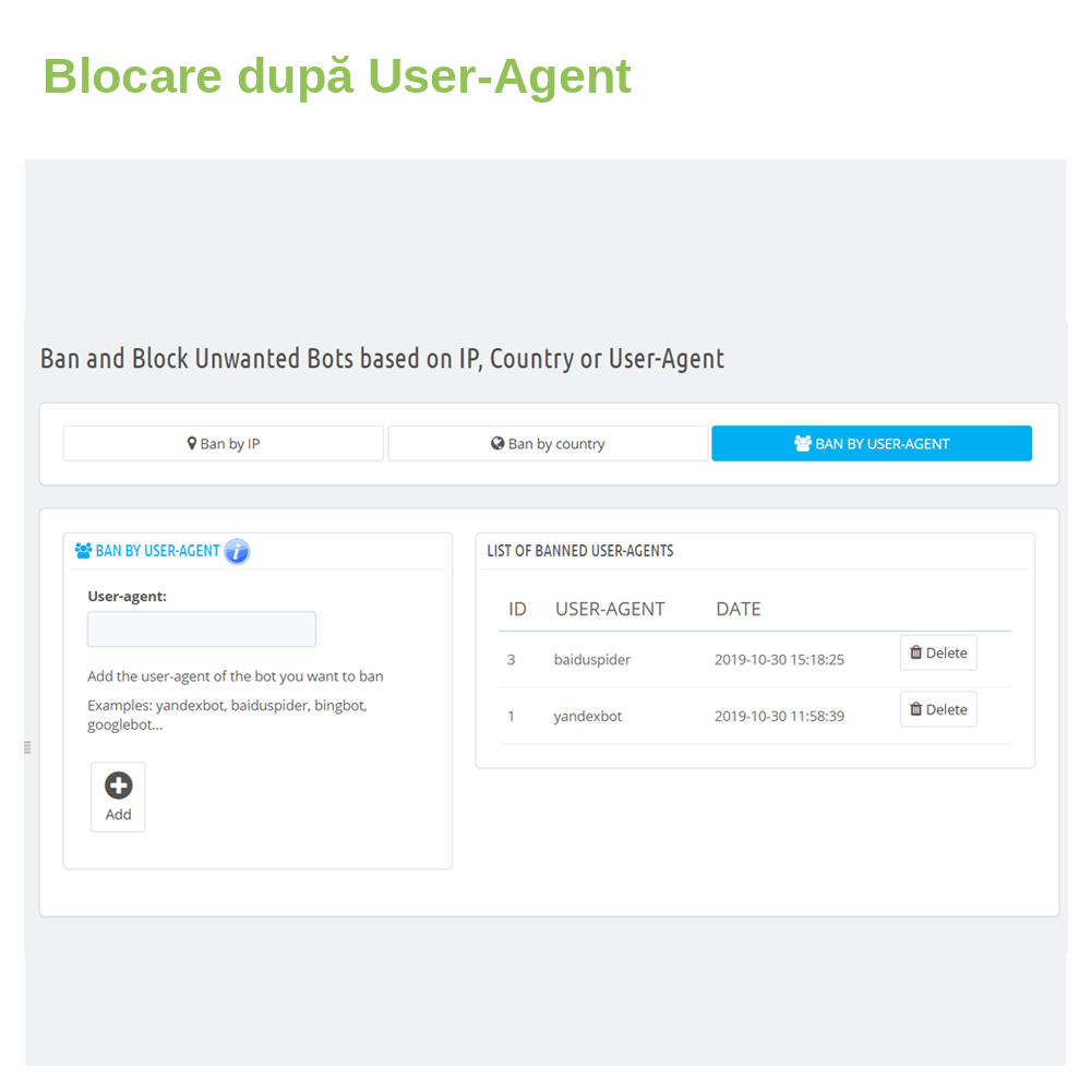 Modul PrestaShop pentru blocarea boților după IP, interval, țară sau user-agent
