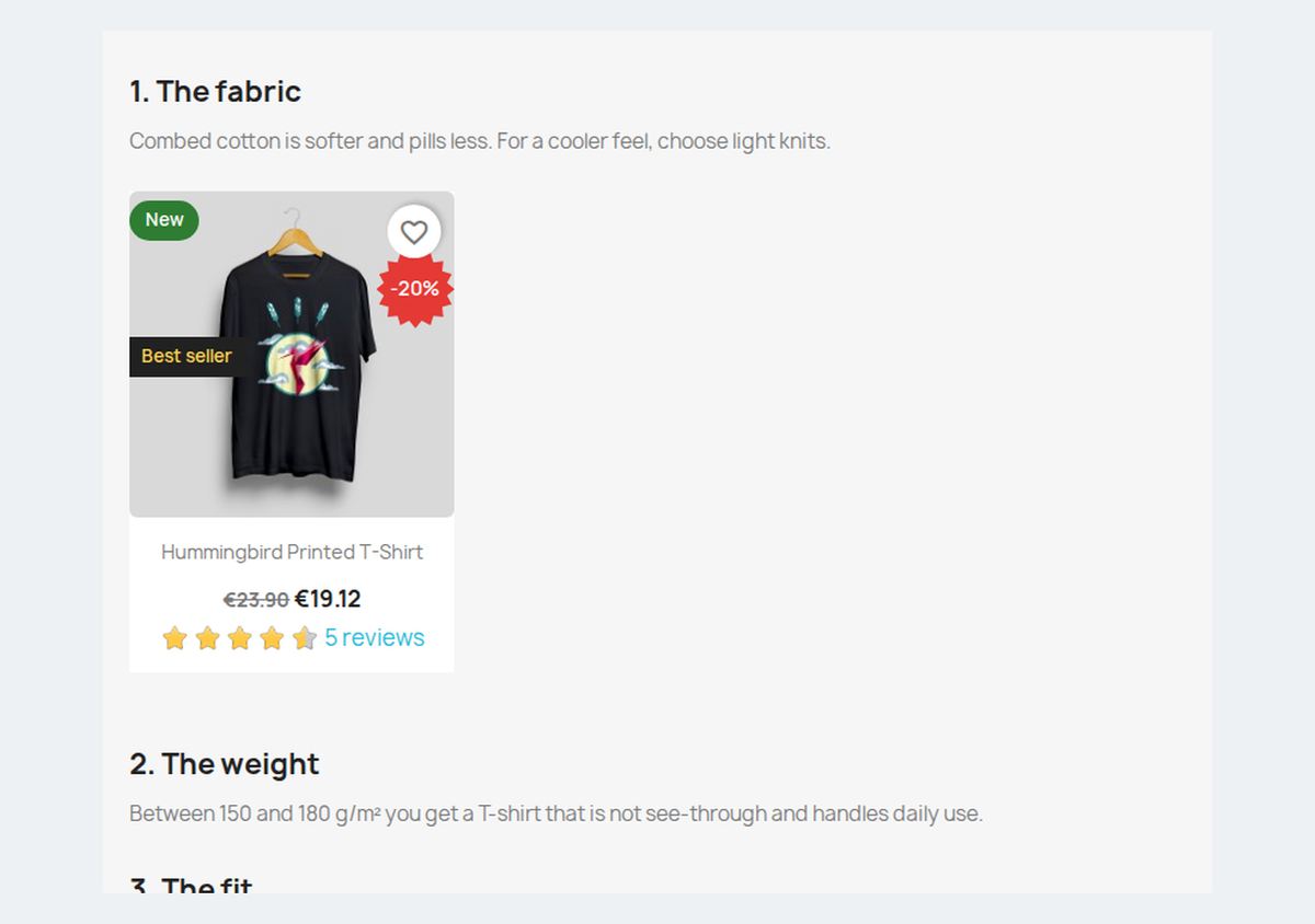 Fiches produit dans un article du blog