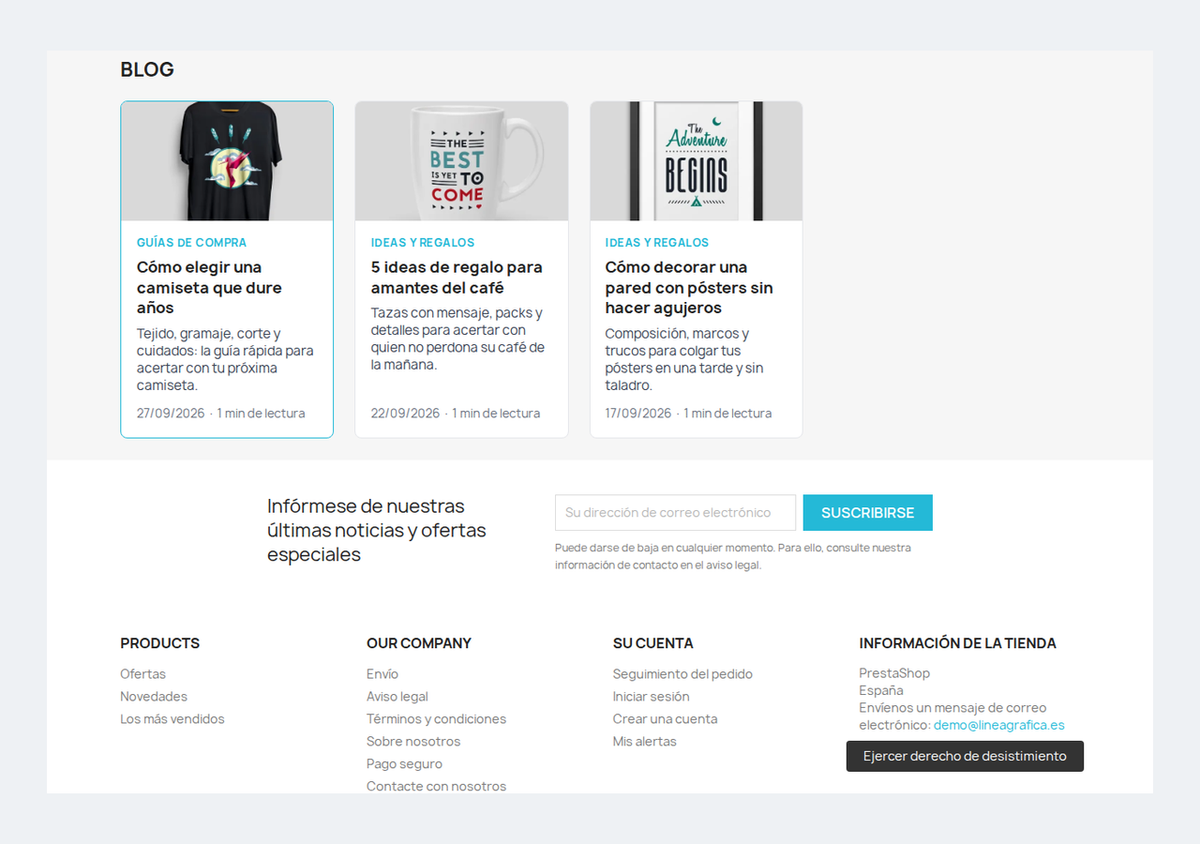 Portada del blog de PrestaShop con categorías y artículos más leídos