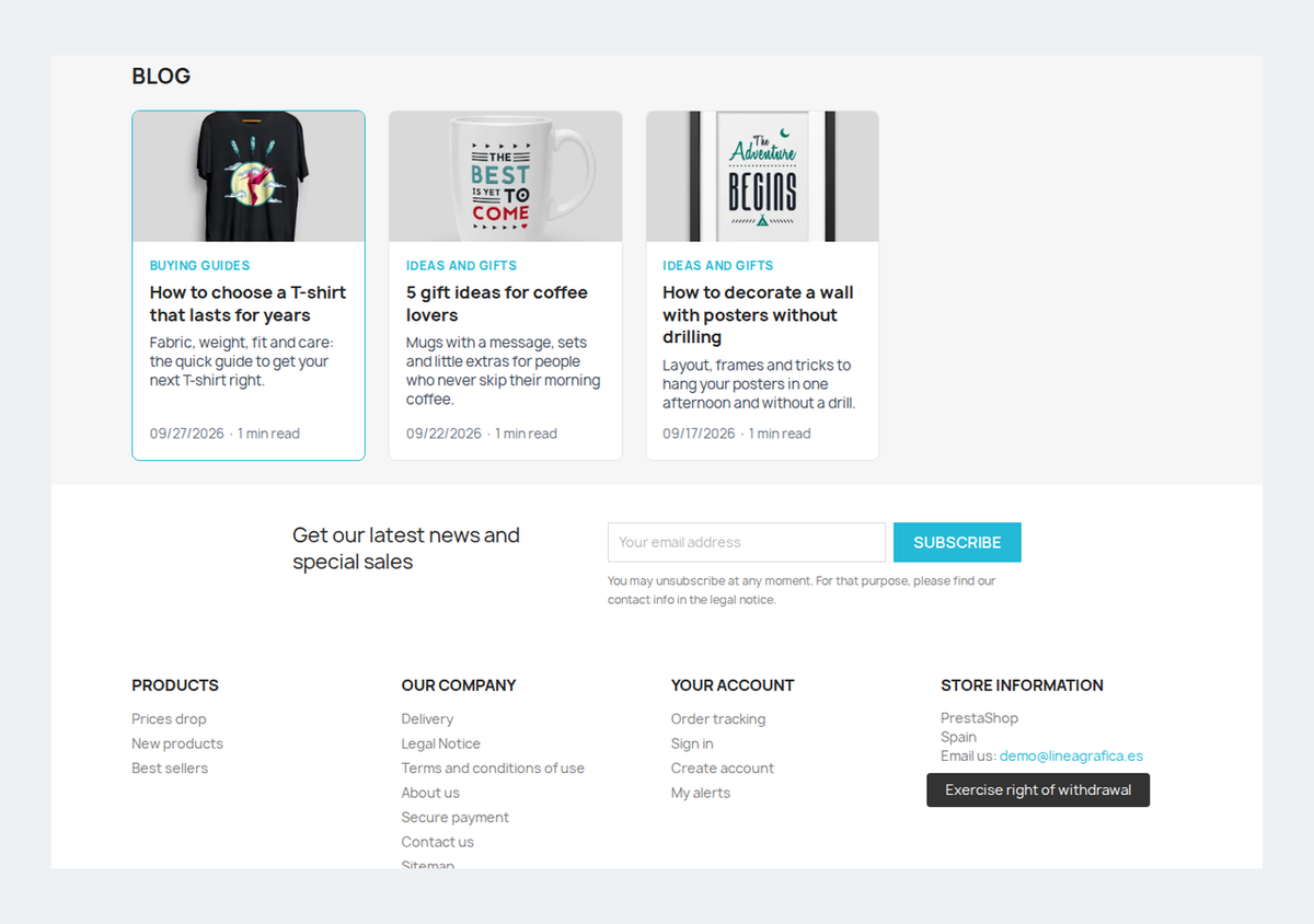 Accueil du blog PrestaShop avec catégories et articles les plus lus