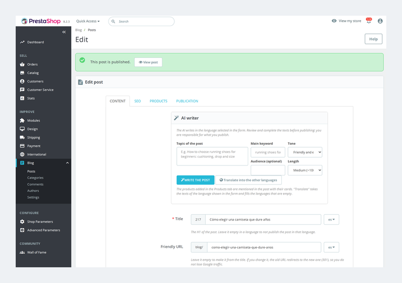 Éditeur d'articles du blog dans le back-office PrestaShop