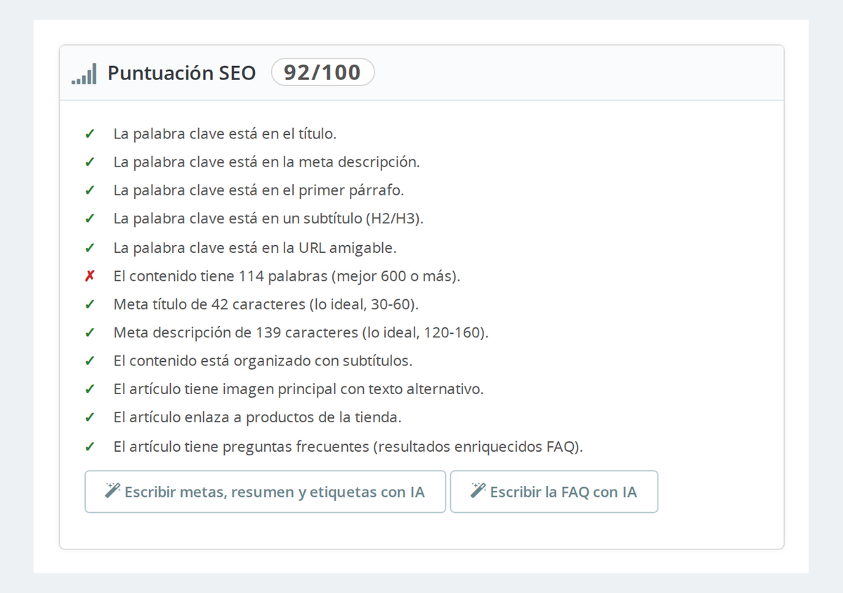 Puntuación SEO del artículo con lo que falta para posicionar