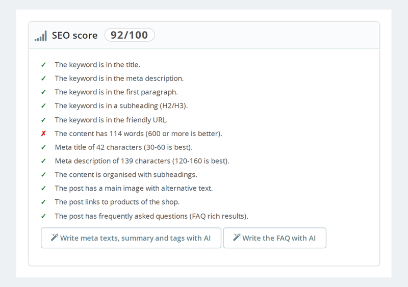 Score SEO de l'article avec ce qui manque pour se positionner