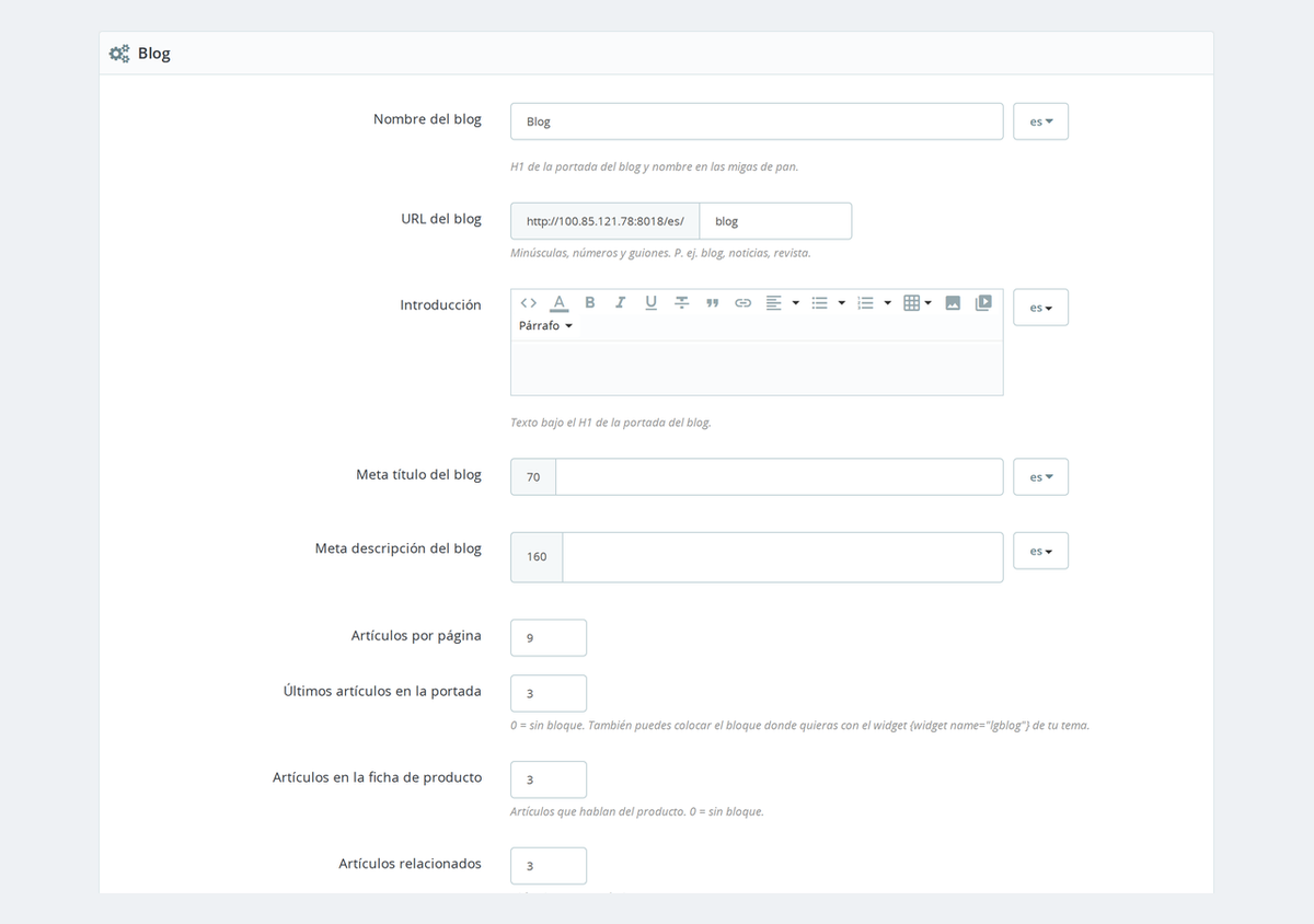 Configuración del módulo de blog: URL, bloques, comentarios e IA