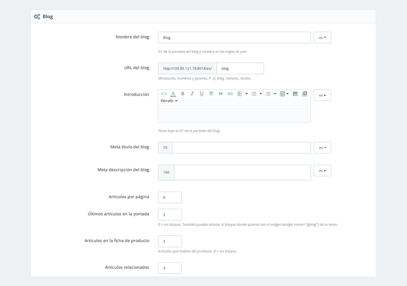 Configuración del módulo de blog: URL, bloques, comentarios e IA