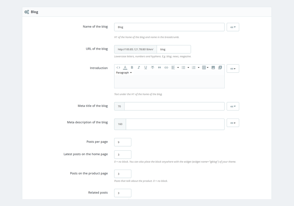 Configuration du module de blog : URL, blocs, commentaires et IA