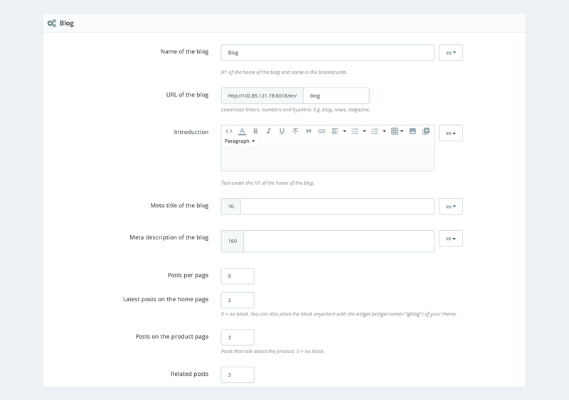 Configuration du module de blog : URL, blocs, commentaires et IA