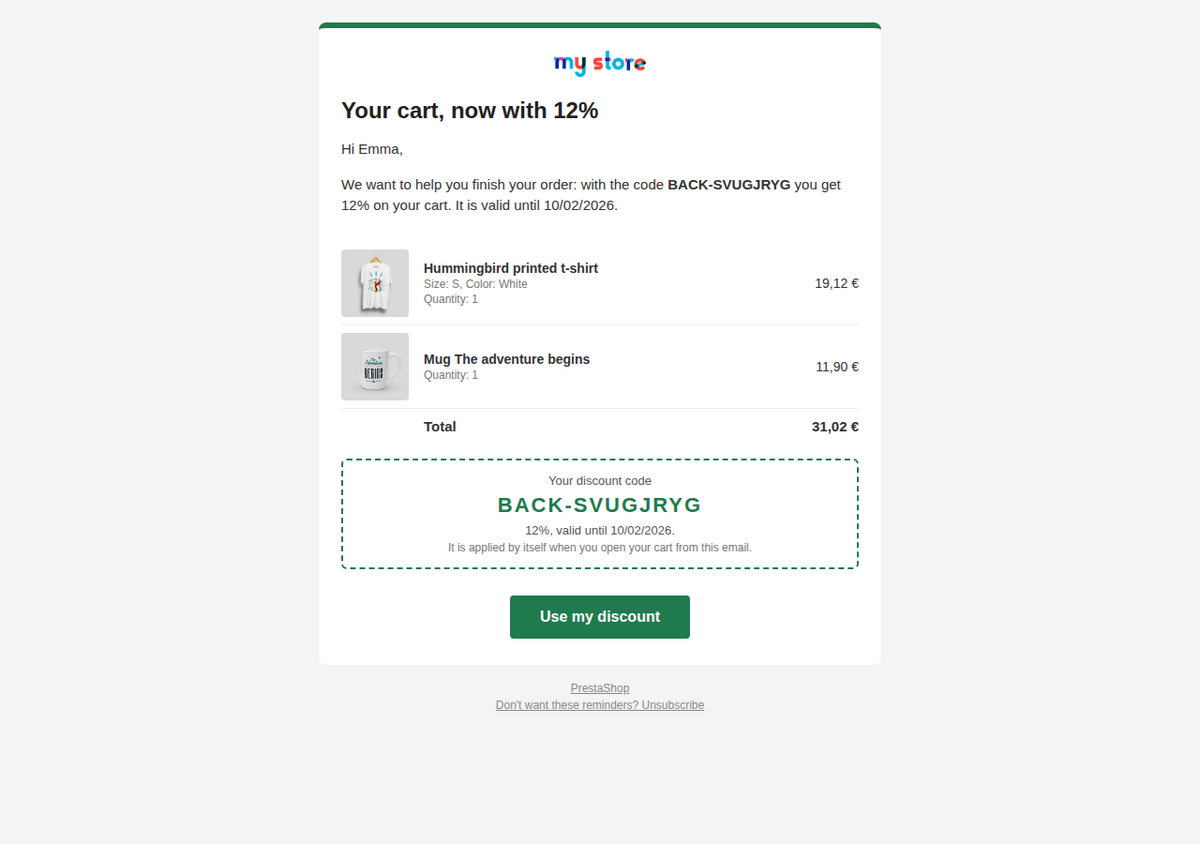 Abandoned cart email with the products, the unique coupon and the button to complete the order