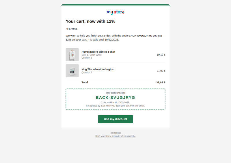 Abandoned cart email with the products, the unique coupon and the button to complete the order